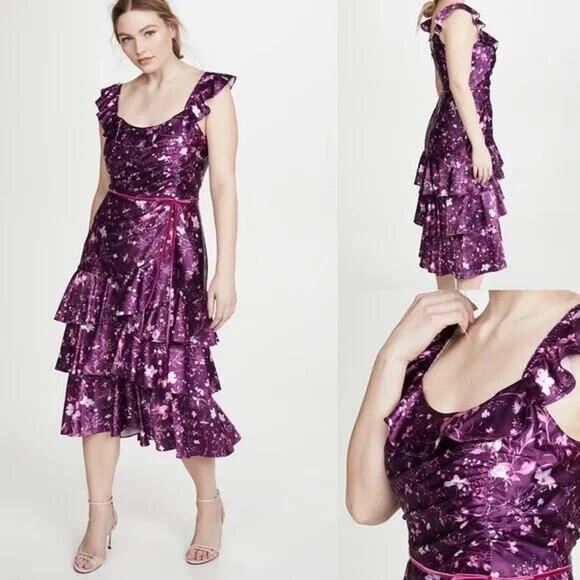 NWT Marchesa Notte Floral Draped Charmeuse Tiered Ruffle Midi Dress Sz 10 2A454 - Picture 1 of 11